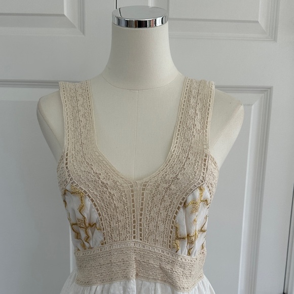 NWT Shira White 100% Cotton Crochet Smocked Gold Beach Cover-up Dress Free Size - Picture 4 of 15